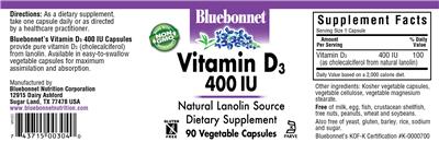 Photo of the Bluebonnet Vitamin D3 400 IU label
