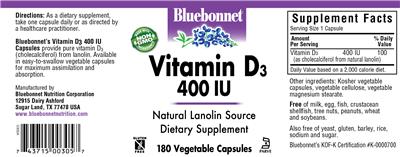 Photo of the Bluebonnet Vitamin D3 400 IU label