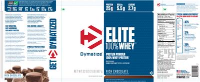 Photo of the Dymatize Elite 100% Whey Rich Chocolate label
