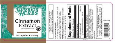 Photo of the Swanson Superior Herbs Cinnamon Extract 250 mg label