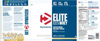 Photo of the Dymatize Elite 100% Whey Vanilla Cupcake label
