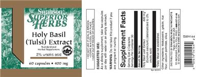 Photo of the Swanson Superior Herbs Holy Basil (Tulsi) Extract 400 mg label
