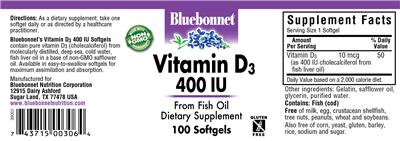 Photo of the Bluebonnet Vitamin D3 400 IU label