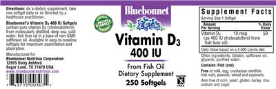 Photo of the Bluebonnet Vitamin D3 400 IU label