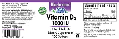 Photo of the Bluebonnet Vitamin D3 1000 IU label