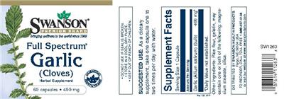 Photo of the Swanson Premium Brand Full Spectrum Garlic (Cloves) 400 mg label