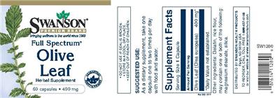Photo of the Swanson Premium Brand Full Spectrum Olive Leaf 400 mg label