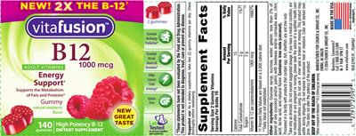 Photo of the vitafusion B12 1000 mcg Natural Raspberry Flavor label
