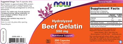 Photo of the NOW Hydrolyzed Beef Gelatin 550 mg label