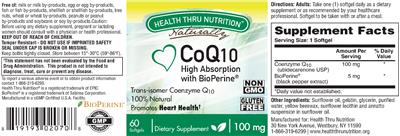 Photo of the Health Thru Nutrition Naturally CoQ10 100 mg label