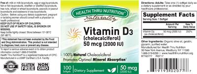 Photo of the Health Thru Nutrition Naturally Vitamin D3 (Cholecalciferol) 50 mcg (2000 IU) label