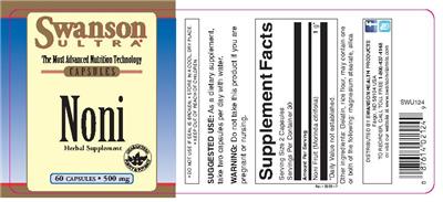 Photo of the Swanson Ultra Noni 500 mg label