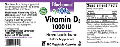 Photo of the Bluebonnet Vitamin D3 1000 IU label