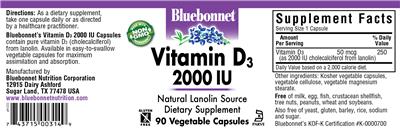 Photo of the Bluebonnet Vitamin D3 2000 IU label