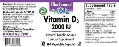 Photo of the Bluebonnet Vitamin D3 2000 IU label