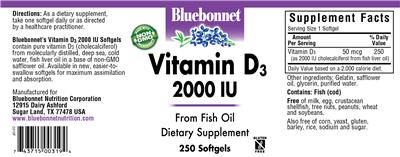 Photo of the Bluebonnet Vitamin D3 2000 IU label
