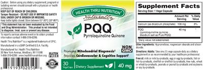 Photo of the Health Thru Nutrition Naturally PQQ 40 mg label