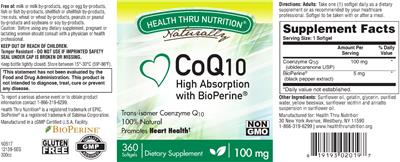 Photo of the Health Thru Nutrition Naturally CoQ10 100 mg label