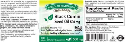 Photo of the Health Thru Nutrition Naturally Black Cumin Seed Oil 500 mg label