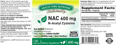 Photo of the Health Thru Nutrition Naturally NAC 600 mg label
