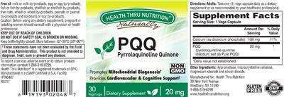 Photo of the Health Thru Nutrition Naturally PQQ 20 mg label