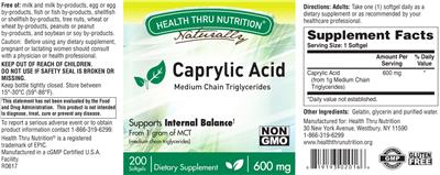 Photo of the Health Thru Nutrition Naturally Caprylic Acid 600 mg label