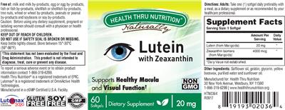 Photo of the Health Thru Nutrition Naturally Lutein With Zeaxanthin 20 mg label