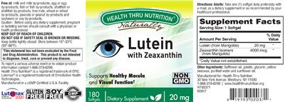 Photo of the Health Thru Nutrition Naturally Lutein With Zeaxanthin 20 mg label
