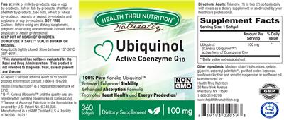 Photo of the Health Thru Nutrition Naturally Ubiquinol 100 mg label