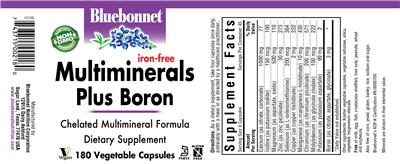 Photo of the Bluebonnet Iron-Free Multminerals Plus Boron label