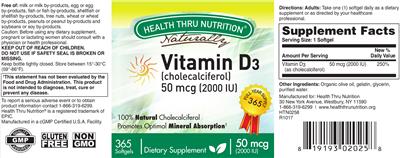Photo of the Health Thru Nutrition Naturally Vitamin D3 (Cholecalciferol) 50 mcg (2000 IU) label