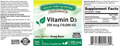 Photo of the Health Thru Nutrition Naturally Vitamin D3 250 mcg (10,000 IU) label