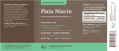 Photo of the Endurance Products Company Plain Niacin 500 mg label