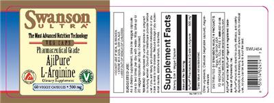 Photo of the Swanson Ultra Pharmaceutical Grade AjiPure L-Arginine 500 mg label