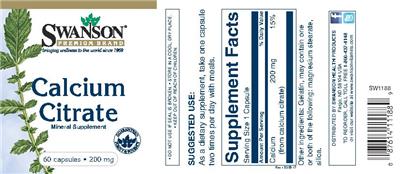 Photo of the Swanson Premium Brand Calcium Citrate 200 mg label