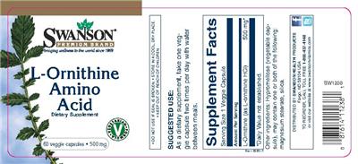 Photo of the Swanson Premium Brand L-Ornithine Amino Acid 500 mg label