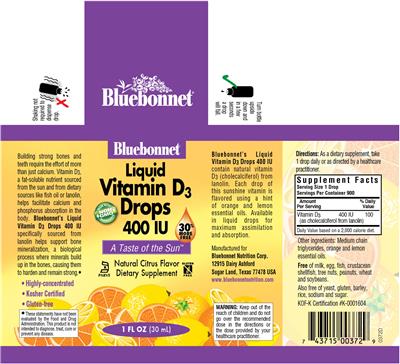 Photo of the Bluebonnet Liquid Vitamin D3 Drops 400 IU Natural Citrus Flavor label