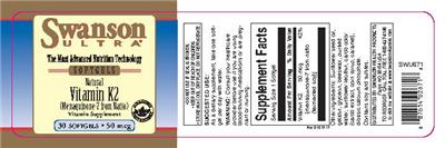Photo of the Swanson Ultra Natural Vitamin K2 50 mcg label