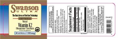 Photo of the Swanson Ultra Natural Vitamin K2 100 mcg label