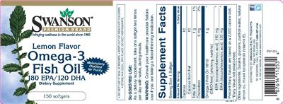 Photo of the Swanson Premium Brand Omega-3 Fish Oil 180 EPA/120 DHA Lemon Flavor label