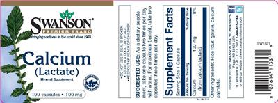 Photo of the Swanson Premium Brand Calcium (Lactate) 100 mg label