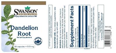 Photo of the Swanson Premium Brand Dandelion Root 515 mg label