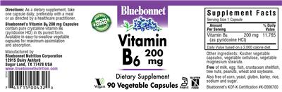 Photo of the Bluebonnet Vitamin B6 200 mg label