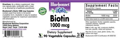 Photo of the Bluebonnet Biotin 1000 mcg label