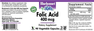 Photo of the Bluebonnet Folic Acid 400 mcg label