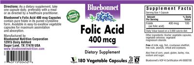Photo of the Bluebonnet Folic Acid 400 mcg label