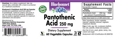 Photo of the Bluebonnet Pantothenic Acid 250 mg label