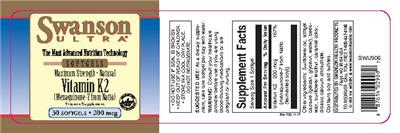 Photo of the Swanson Ultra Maximum Strength Natural Vitamin K2 200 mcg label