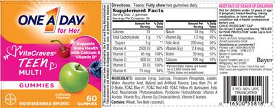 Photo of the Bayer One A Day for Her VitaCraves Teen Multi Gummies label