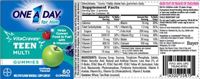 Photo of the Bayer One A Day for Him VitaCraves Teen Multi Gummies label